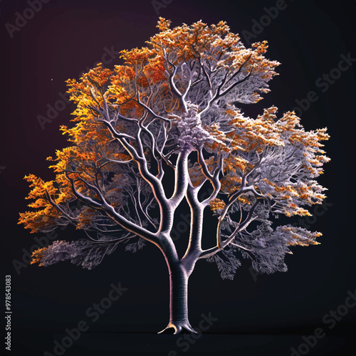 A full-length magic tree with branches and roots isolated on black background. Autumn yellow leaves.	