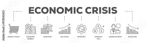 Economic crisis infographic icon flow process which consists of recession, unemployment, inflation, currency fall, pandemic, bank run icon live stroke and easy to edit 