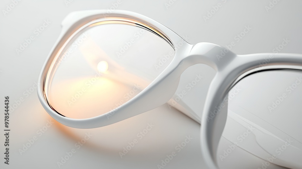 Close-up of modern white glasses with glossy lens, showcasing a stylish and contemporary design for eyewear enthusiasts. Close-up of modern white glasses with glossy lens, showcasing a stylish and contemporary design for eyewear enthusiasts.