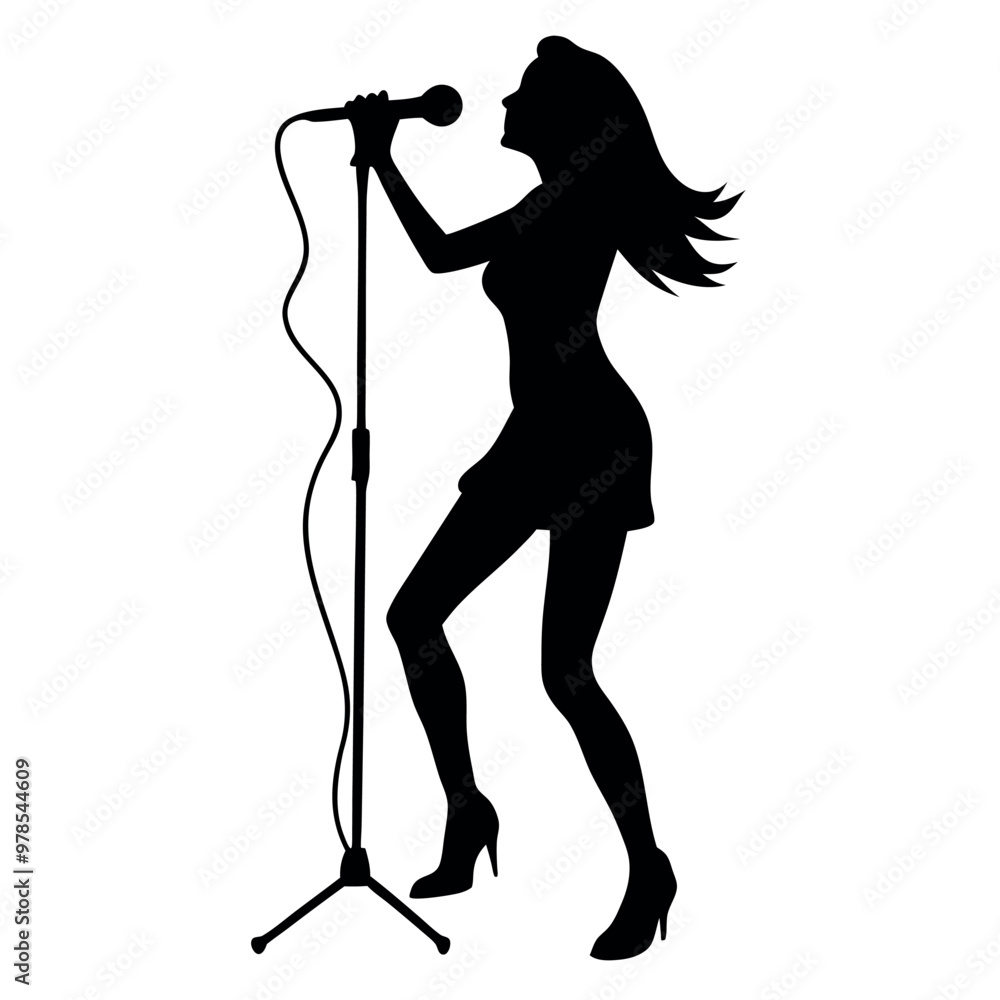 a woman singing into a microphone. She is standing on one leg with the other leg bent at the knee and her arms stretched out to the sides a woman singing into a microphone. She is standing on one leg with the other leg bent at the knee and her arms stretched out to the sides