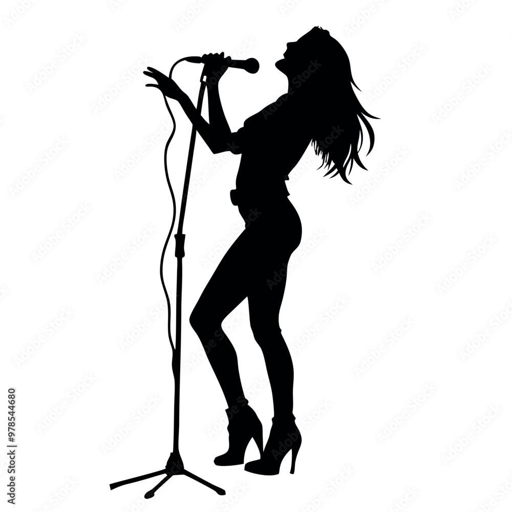 a woman singing into a microphone. She is standing on one leg with the other leg bent at the knee and her arms stretched out to the sides a woman singing into a microphone. She is standing on one leg with the other leg bent at the knee and her arms stretched out to the sides