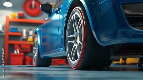 Close-up view of a sleek blue car tire in a modern garage setting, showcasing the wheel design and vibrant colors.