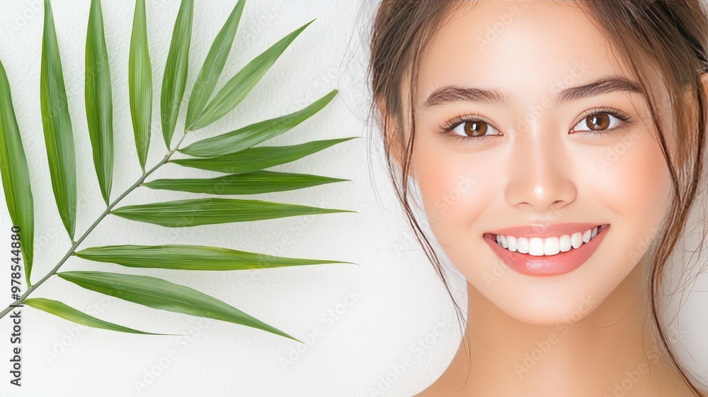 Warm Smiling Asian Woman with Green Leaf Portrayal of Natural Beauty Warm Smiling Asian Woman with Green Leaf Portrayal of Natural Beauty