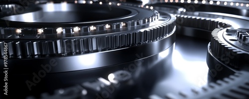 Close-up view of intricate metal gears and cogs showcasing industrial design and precision engineering. photo