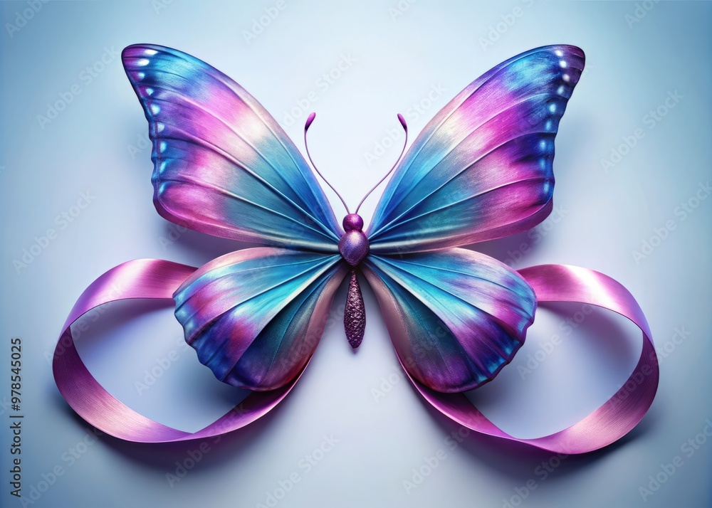 Delicate pink ribbon wraps around a majestic butterfly's body, its iridescent wings swirling with shades of blue and purple. Delicate pink ribbon wraps around a majestic butterfly's body, its iridescent wings swirling with shades of blue and purple.