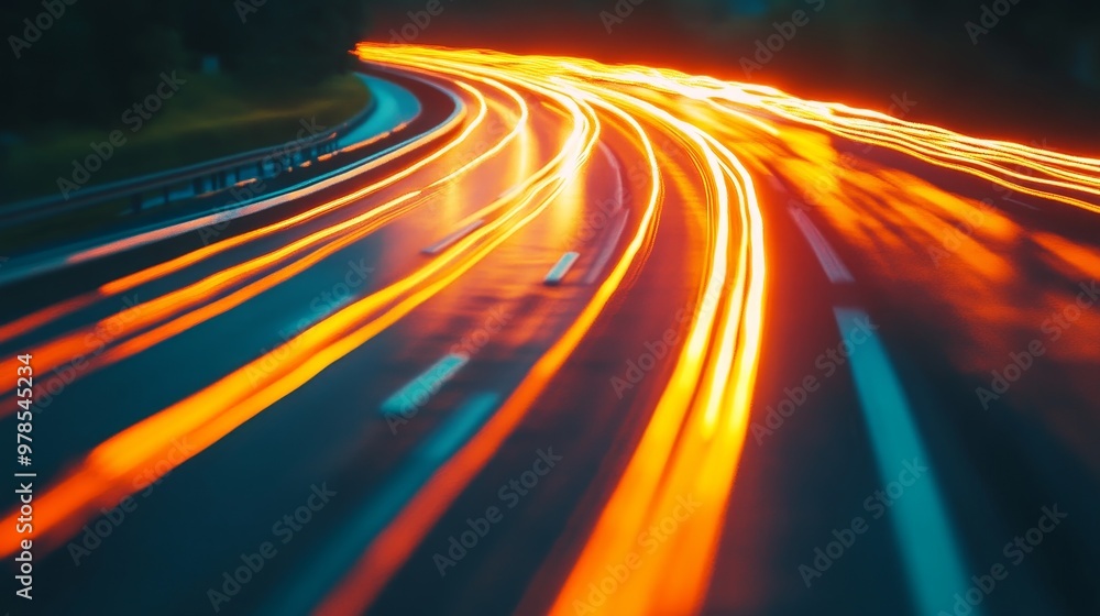 Dynamic light trails on a dark road, capturing the essence of speed and movement in a stunning night scene. Dynamic light trails on a dark road, capturing the essence of speed and movement in a stunning night scene.