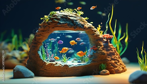 Colorful animated mini aquarium nestled in a nose with tiny swimming fish, blending whimsy and creativity in a playful 3D design photo