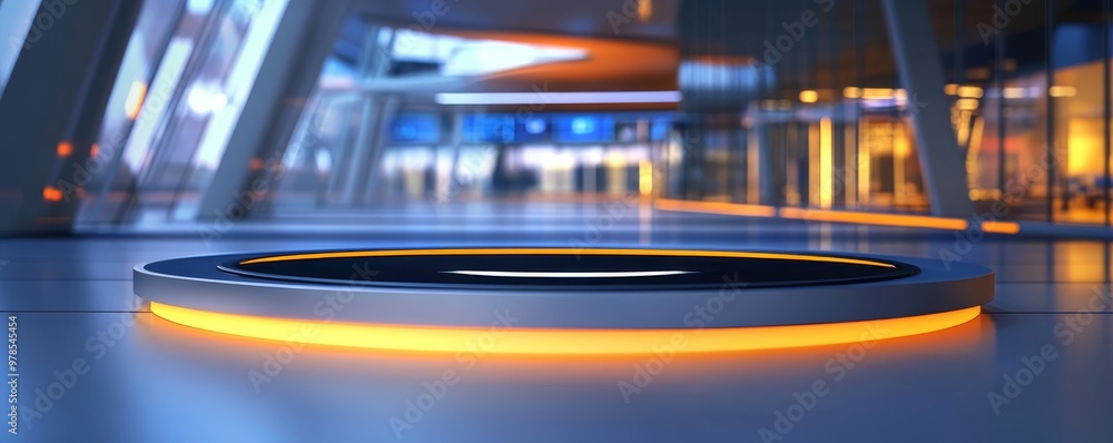 Futuristic empty podium with illuminated border in modern interior showcasing a blend of technology and architecture. Futuristic empty podium with illuminated border in modern interior showcasing a blend of technology and architecture.