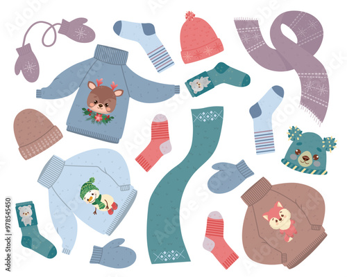 A cozy collection of warm handmade things. A set of funny sweaters, scarves, mittens and funny hats. Color flat illustration
