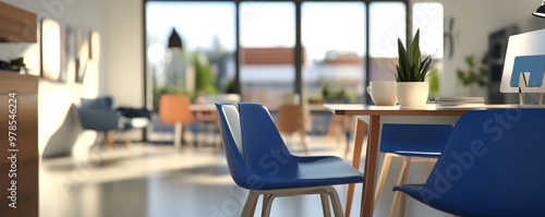 Wallpaper Mural Modern office interior featuring blue chairs, wooden tables, and abundant natural light, creating a productive workspace. Torontodigital.ca