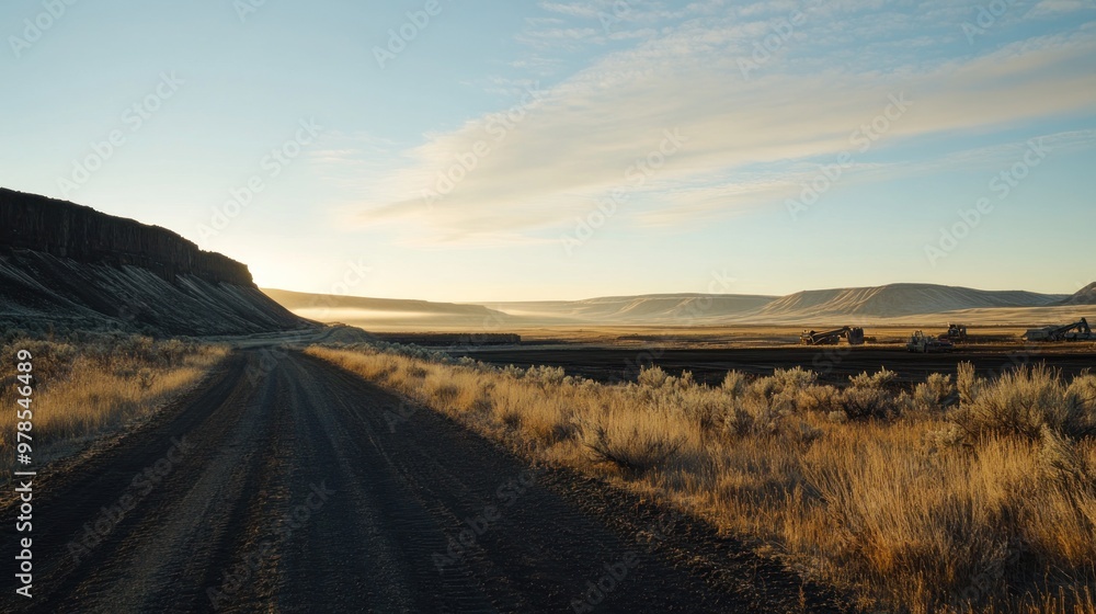 A serene dirt road winding through a vast, golden landscape at sunrise. A serene dirt road winding through a vast, golden landscape at sunrise.