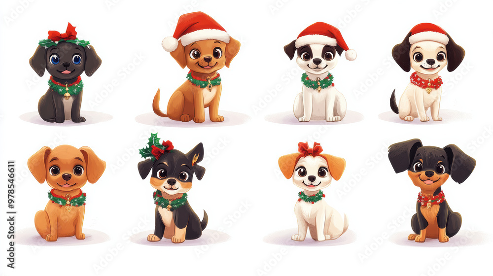 Obraz premium Cute cartoon dogs wearing festive accessories and holiday cheer