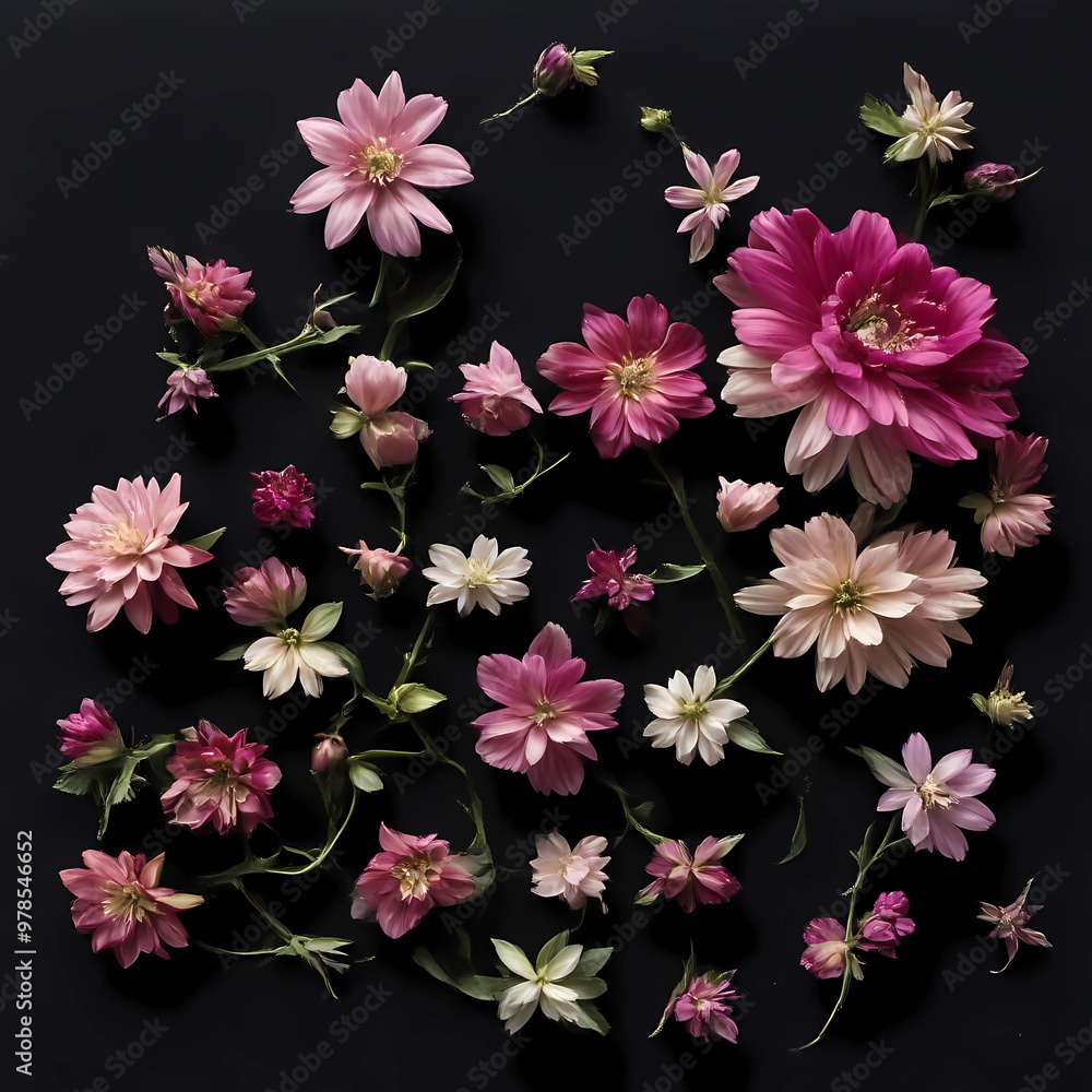 Artistic modern illustration. a collection of flowers on a black background in Renaissance style Artistic modern illustration. a collection of flowers on a black background in Renaissance style