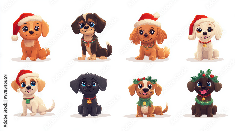 Cute cartoon dogs wearing festive hats and accessories for holidays Cute cartoon dogs wearing festive hats and accessories for holidays