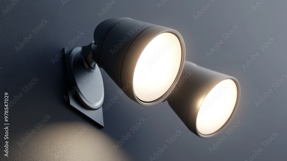 Stylish wall light fixture with dual adjustable spotlights illuminating a modern interior space. Stylish wall light fixture with dual adjustable spotlights illuminating a modern interior space.