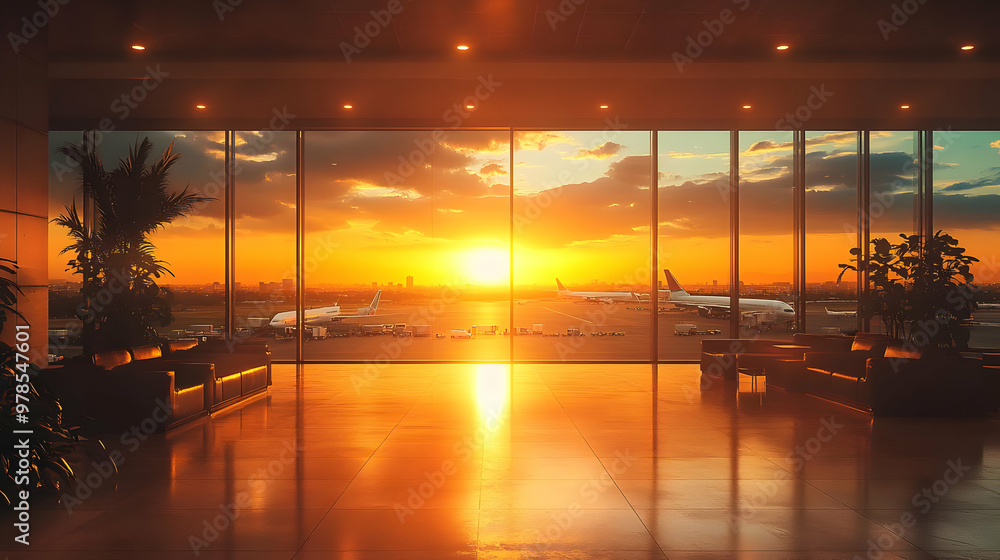 Fototapeta premium Sunset View from Airport Lounge with Planes and Cityscape