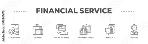 Financial service infographic icon flow process which consists of key solutions, shopping, online payments, internet banking, insurance and services icon live stroke and easy to edit 