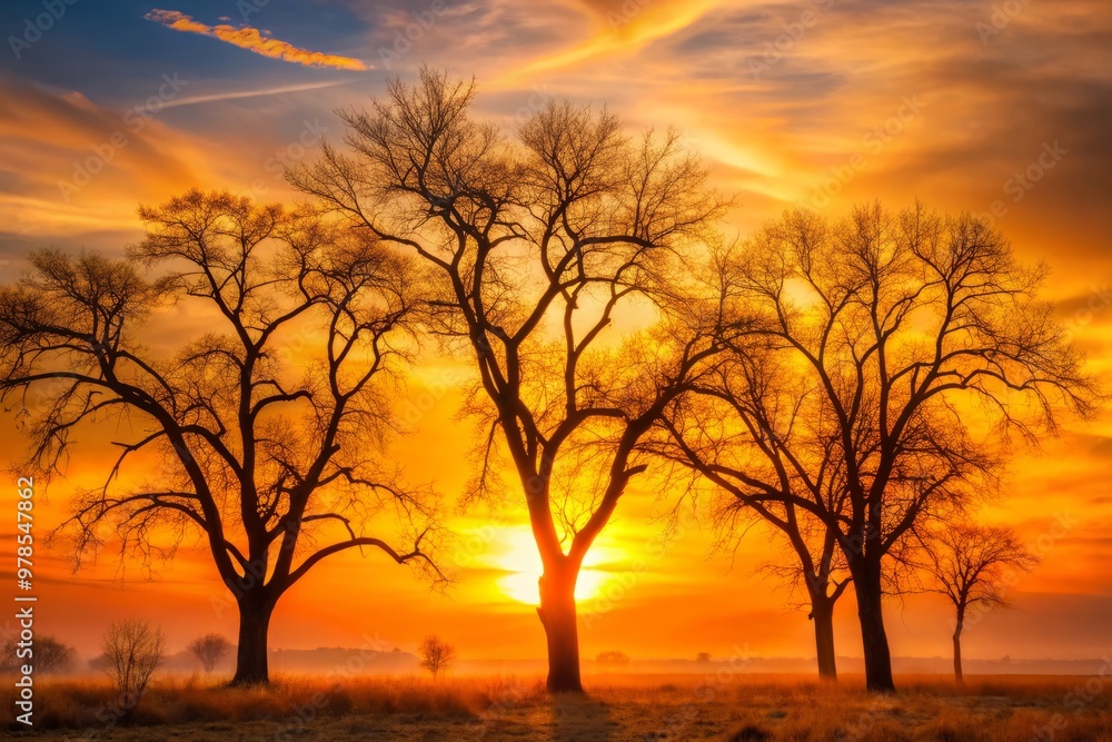 Bare trees stand tall against a vibrant orange sunset sky, their skeletal branches etched against a warm, golden haze, dramatic shadows dancing across the landscape Bare trees stand tall against a vibrant orange sunset sky, their skeletal branches etched against a warm, golden haze, dramatic shadows dancing across the landscape