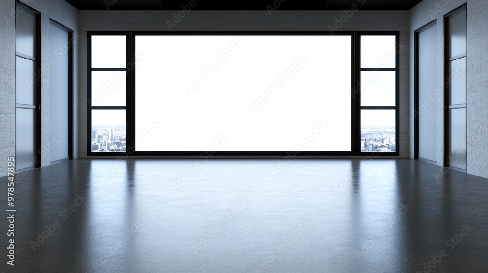 A spacious room with large windows and a blank screen, ideal for presentations or events. A spacious room with large windows and a blank screen, ideal for presentations or events.
