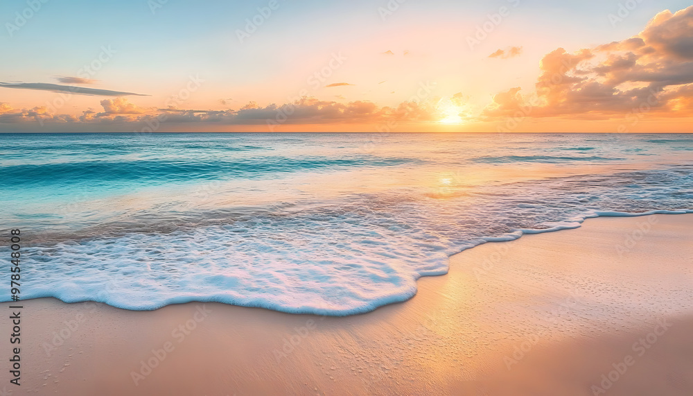 Obraz premium Crystal-clear turquoise waters with gentle waves lapping at a pristine beach under a golden sunset