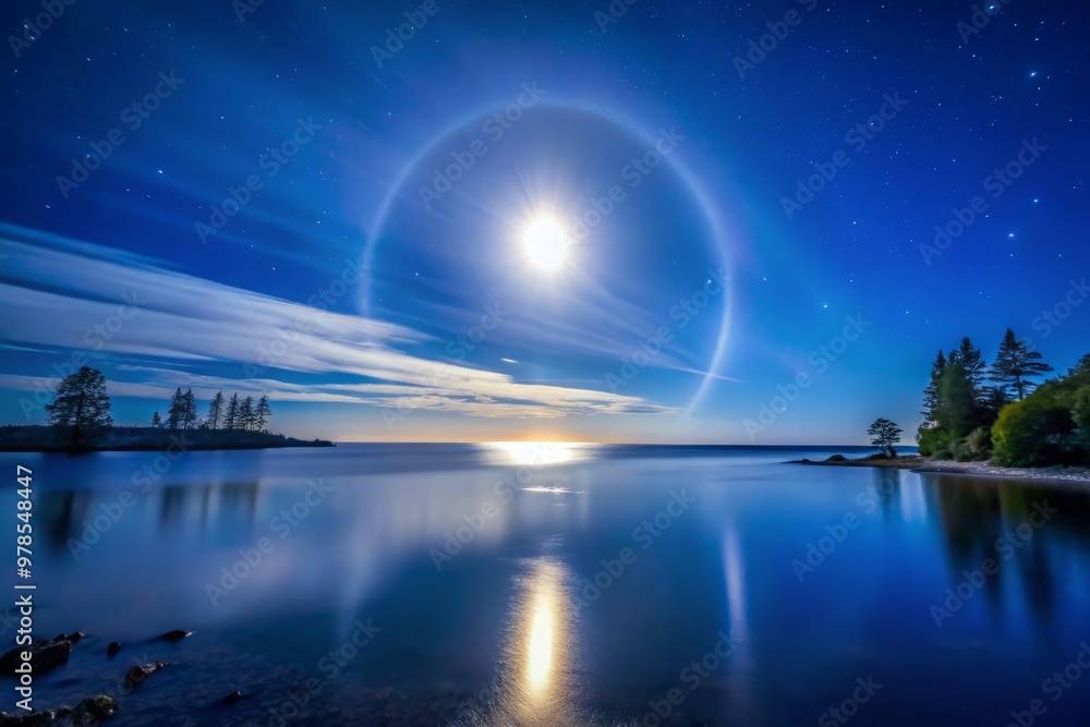 A serene night scene with a silvery moon hanging low in a deep blue sky, surrounded by a subtle halo of warmth A serene night scene with a silvery moon hanging low in a deep blue sky, surrounded by a subtle halo of warmth