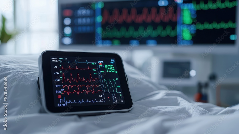 A close-up view of a medical monitor displaying vital signs in a hospital room, emphasizing healthcare technology. A close-up view of a medical monitor displaying vital signs in a hospital room, emphasizing healthcare technology.