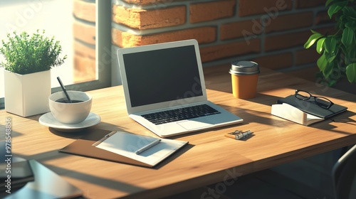 Wallpaper Mural A cozy workspace featuring a laptop, coffee, and plants, ideal for productivity and creativity in a modern environment. Torontodigital.ca