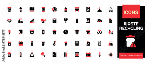 Set of recycling waste colorful solid icons. Garbage disposal. Trash separation, color filled icon set, Glyph icon set for web and ui. Editable stroke.