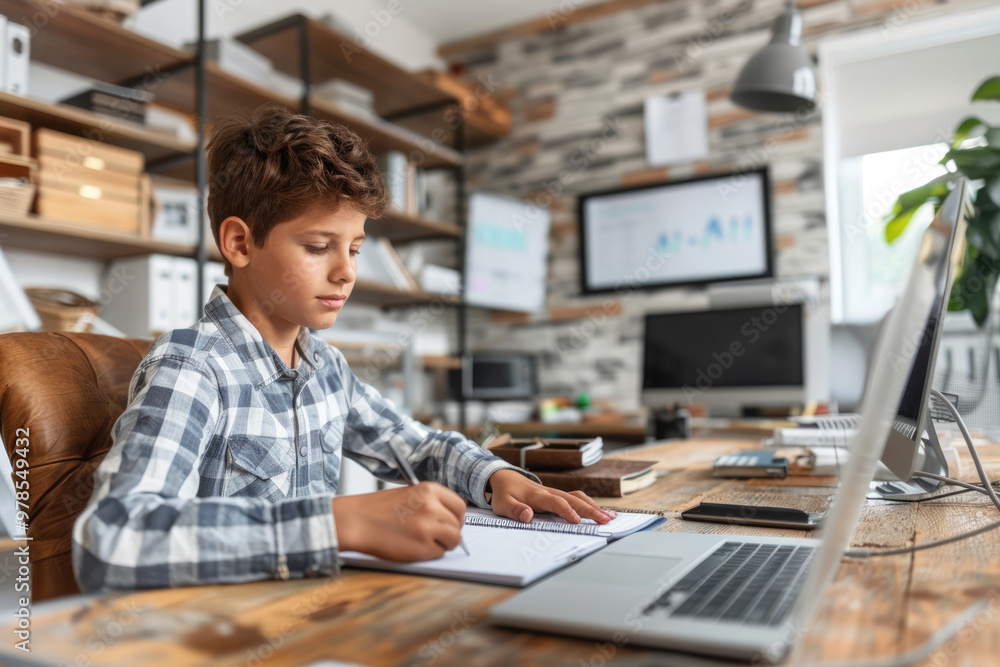 A boy does his homework. Concept of childhood contemplation and education. A boy does his homework. Concept of childhood contemplation and education.