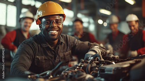 Wallpaper Mural African American auto mechanic wearing a helmet, smiling as he inspects a car’s engine in the foreground, with a team of smiling engineers in the blurred background working in a mechanics garage. Torontodigital.ca