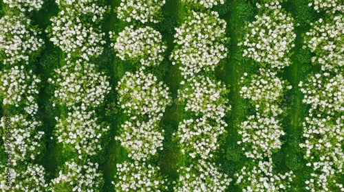 Aerial view of white flowers in a lush green field, creating a vibrant natural pattern.