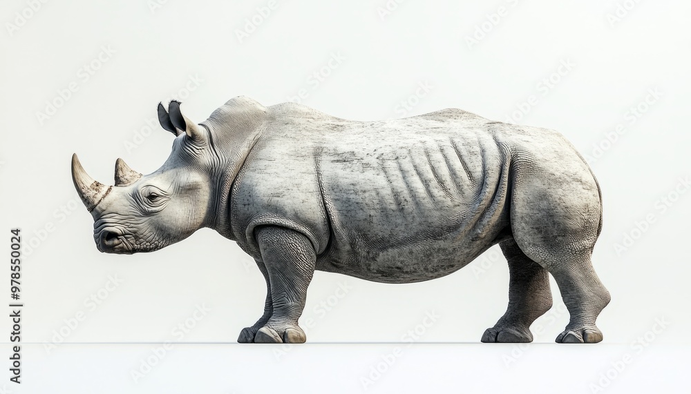 Obraz premium Minimalist Hyper-realistic Illustration of A Rhinoceros on A White Background