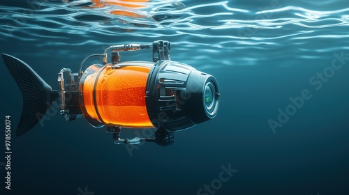 A futuristic underwater camera, resembling a fish, capturing the beauty of ocean life with vibrant colors and advanced technology.