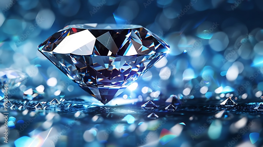 Single large diamond sparkles brilliantly against a dark blue background. The diamond's facets catch the light, creating a dazzling display of shine and brilliance. Single large diamond sparkles brilliantly against a dark blue background. The diamond's facets catch the light, creating a dazzling display of shine and brilliance.
