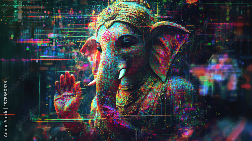 A vibrant and intricate digital artwork featuring Ganesha, characterized by glitch art aesthetics and pixelated edges. colorful representation evokes sense of modern spirituality and creativity A vibrant and intricate digital artwork featuring Ganesha, characterized by glitch art aesthetics and pixelated edges. colorful representation evokes sense of modern spirituality and creativity