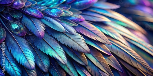 Iridescent blues and purples shimmer on delicate feathered edges, slender wisps of quill extending from intricate patterns of darkened inner wingscale. photo