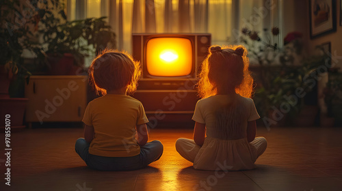 Children Watching Television with a Bright Screen