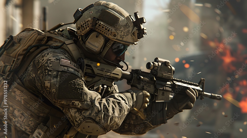 Soldier in full combat gear aims his rifle at an unseen target, amidst the chaos and smoke of a firefight. Soldier in full combat gear aims his rifle at an unseen target, amidst the chaos and smoke of a firefight.