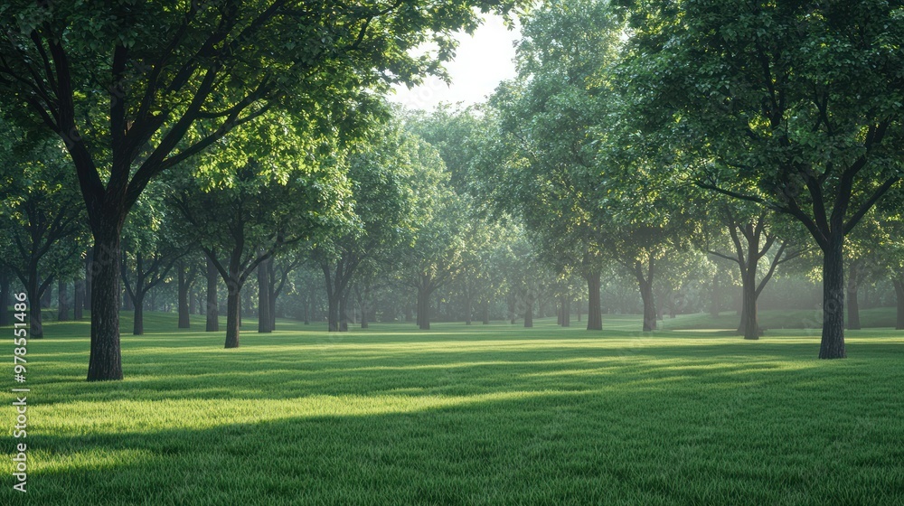 A serene landscape featuring lush trees and green grass in a tranquil setting. A serene landscape featuring lush trees and green grass in a tranquil setting.