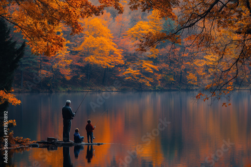 A family fishing together by a calm lake surrounded by the vivid colors of autumn trees, creating a peaceful and bonding outdoor experience