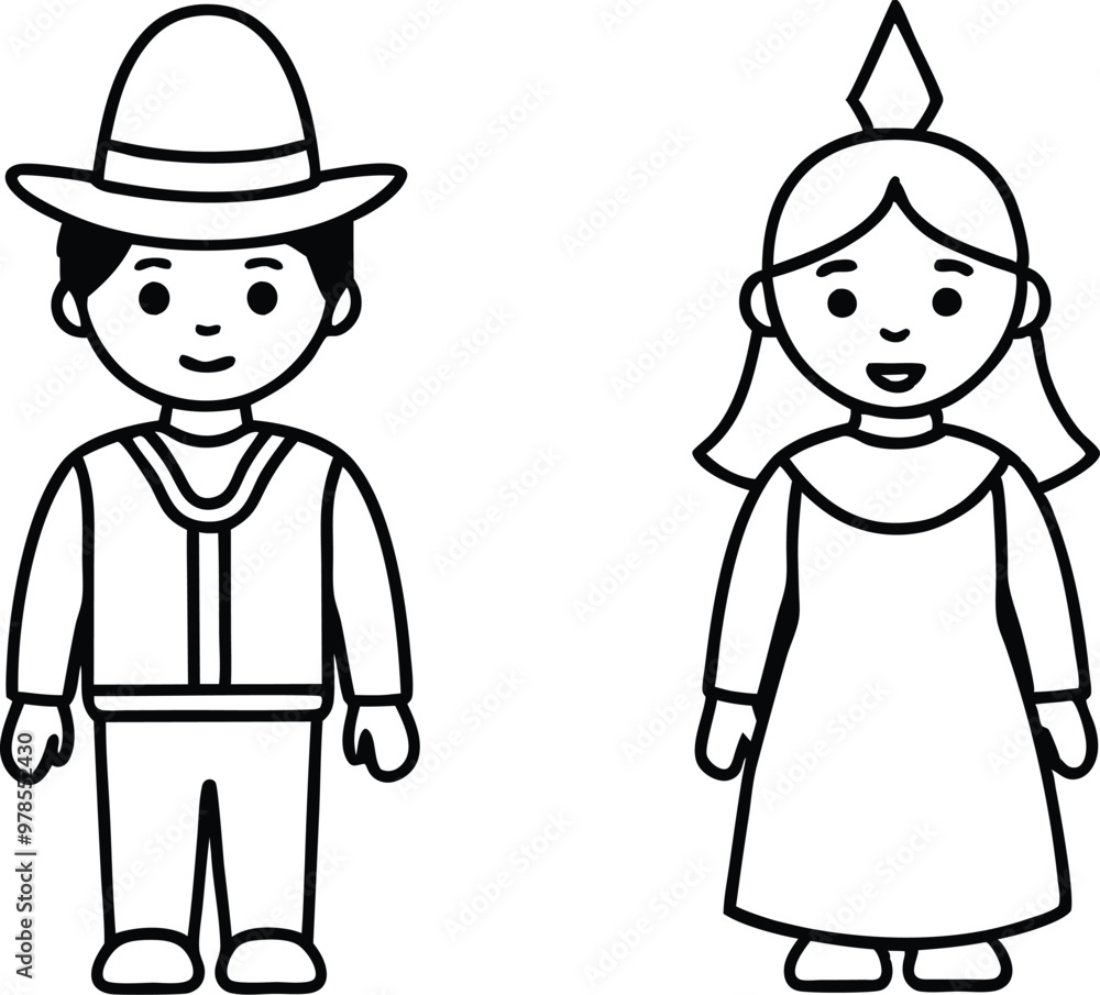 Kids in Pilgrim and Native American Outfits Vector Drawing for Coloring Fun
Kids in Pilgrim and Native American Outfits Vector Drawing for Coloring Fun