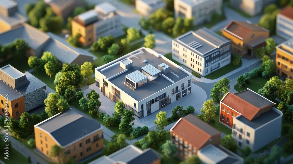 Aerial view of a modern urban neighborhood with various buildings and lush greenery, showcasing architecture and city planning. Aerial view of a modern urban neighborhood with various buildings and lush greenery, showcasing architecture and city planning.