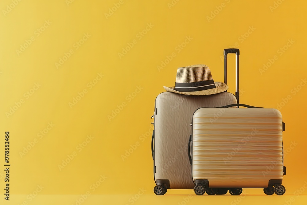 Obraz premium A travel scene featuring two suitcases and a straw hat against a bright yellow background.