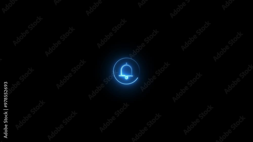 Abstract neon bell icon. blue circle animation. On black background, Abstract neon bell icon. blue circle animation. On black background,