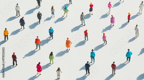 Miniature figurines of people in colorful attire stand spread out casting shadows on a stark white background.