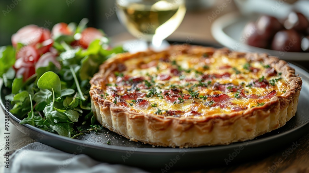 A delicious quiche served with salad and a glass of wine. A delicious quiche served with salad and a glass of wine.