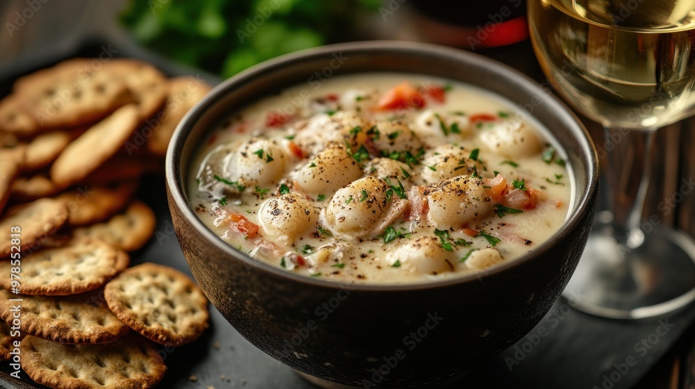 A bowl of creamy soup with crackers and a glass of white wine. A bowl of creamy soup with crackers and a glass of white wine.