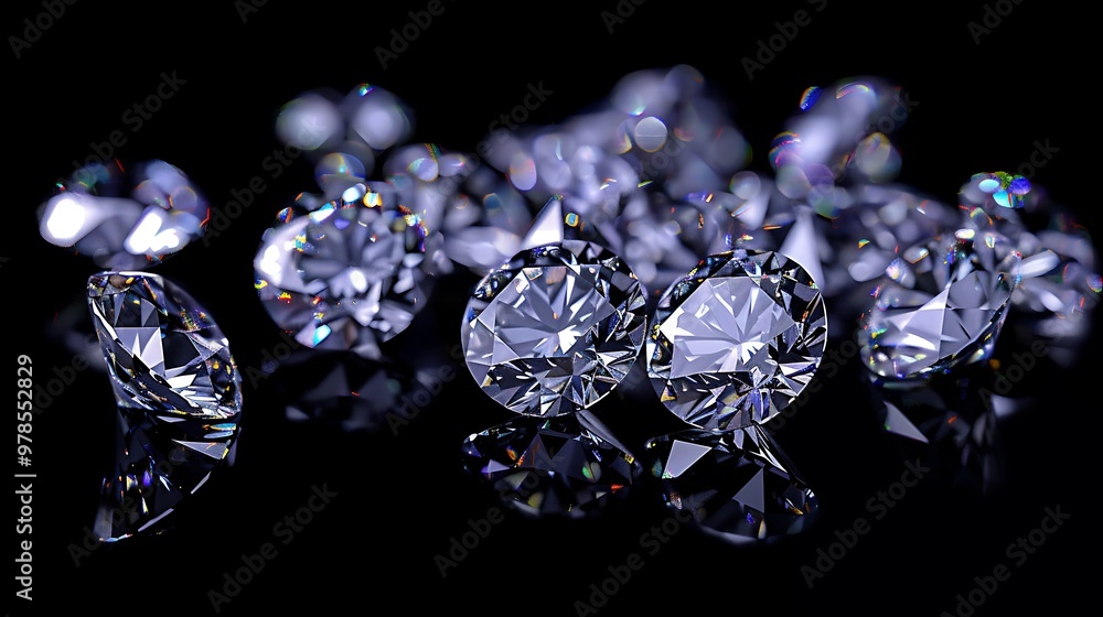 Close-up shot of several sparkling diamonds arranged on a black surface. The diamonds are reflecting light, creating a beautiful and luxurious display. Close-up shot of several sparkling diamonds arranged on a black surface. The diamonds are reflecting light, creating a beautiful and luxurious display.