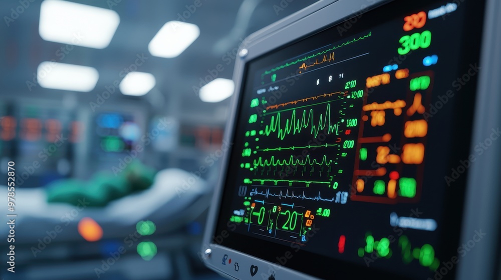 Close-up of a medical monitor displaying vital signs in a hospital room with a blurred patient in the background. Close-up of a medical monitor displaying vital signs in a hospital room with a blurred patient in the background.