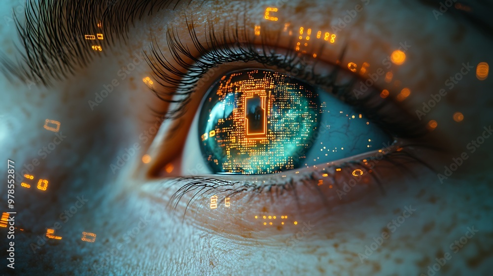 Close-up of a human eye with a digital circuit board and battery symbol reflected in the pupil, representing the convergence of technology and humanity. Close-up of a human eye with a digital circuit board and battery symbol reflected in the pupil, representing the convergence of technology and humanity.